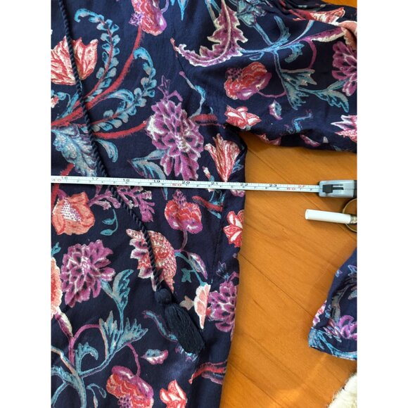 Lucky Brand Floral Blouse L Boho Navy Pullover Long Sleeve Pleated - Picture 8 of 10
